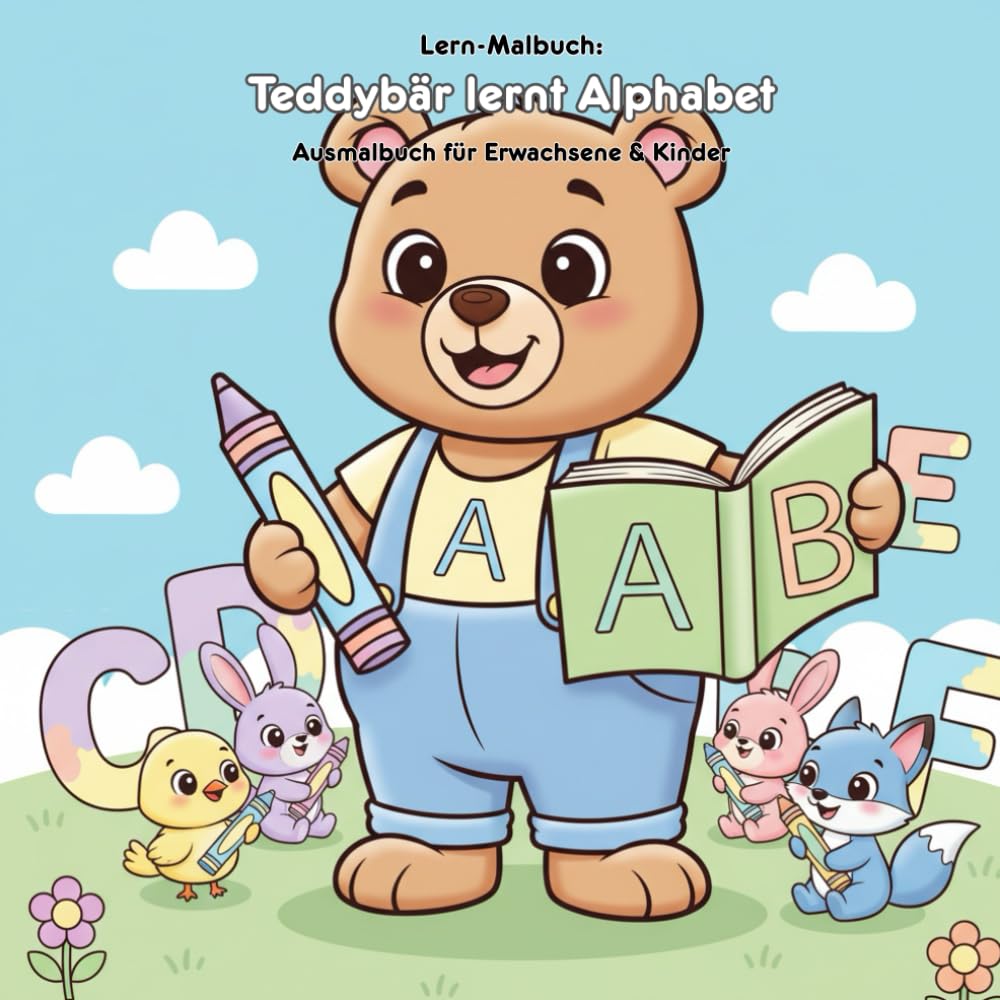 Teddybär lernt Alphabet: Geschichte & Malbuch: Für Erwachsene & Kinder - 36 Ausmalbilder - 21.59 x 21.59 cm - Große Motive für kleine Künstler