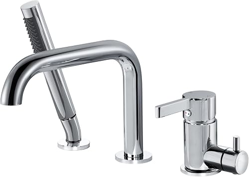 Bathroom Tub Faucet With Sprayer,Deck Mount Brass Roman Tub Faucet Set, High Flow 3-Holes Single-Handle Rotatable Tub Filler With Hand Shower,Chrome,5Y1MK