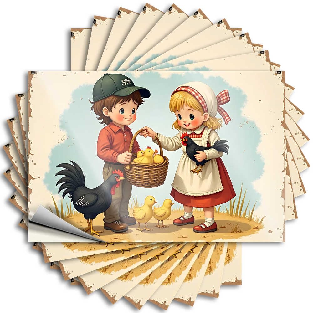 Quote Western Easy Apply | Children Feeding Chicks On A Sunny Farm Day Snarky Bottle Peel and Stick(8X12CM)