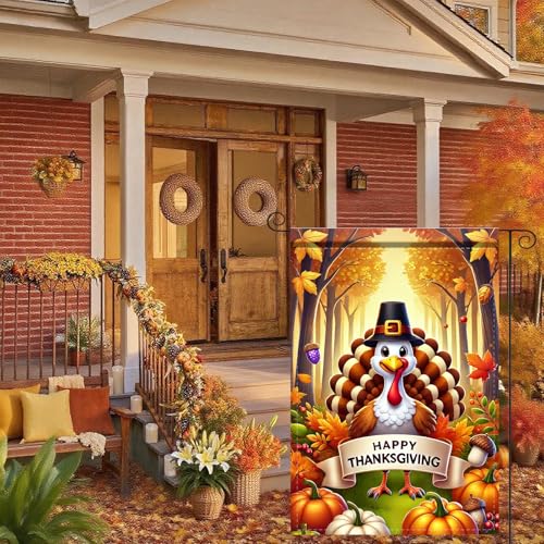 Image of Nuxovilar Welcome Garden Flag Fall Garden Flag 12x18IN | Turkey Pilgrim Hat Double - Side For Thanksgiving Decor Fall Yard Patio Porch Decor