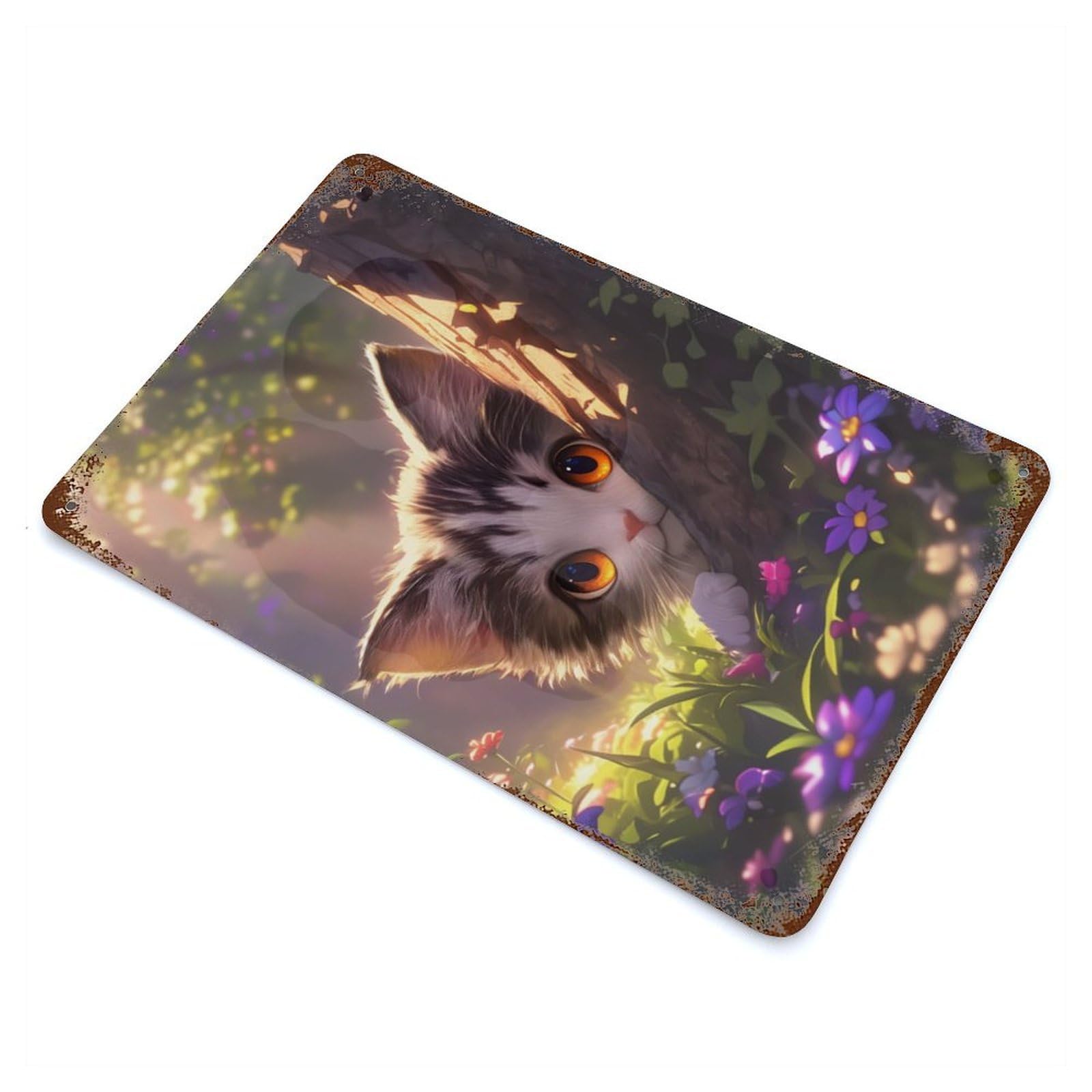 Garage Style Cute Anime Kitten in Wildflowers Meadow Rusty Metal Tin Sign 11.8"x7.9", Industrial Home Decor for Bar And Workshop