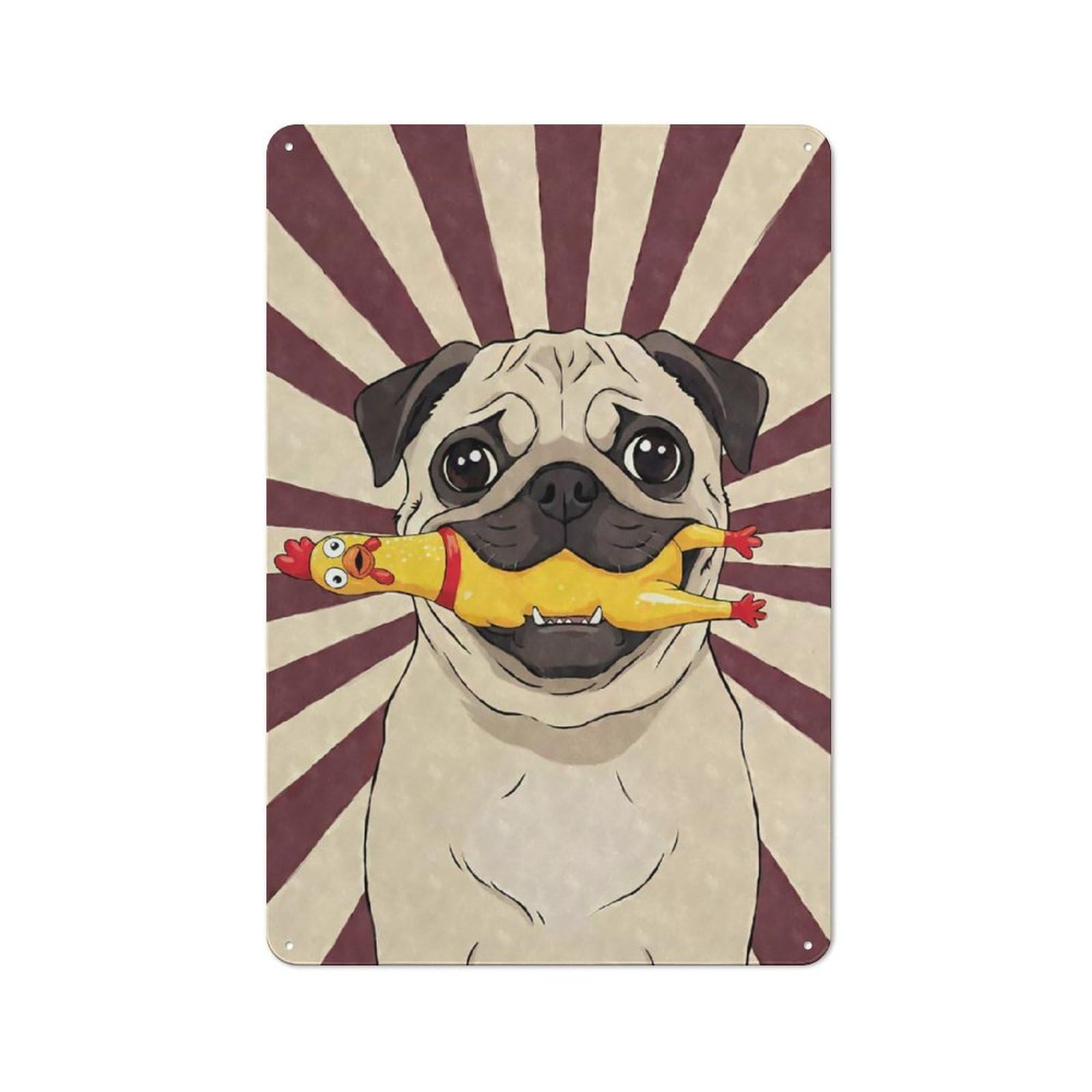Junmoney Pug With Rubber Chicken Art Rustic Tin Sign 30X20cm, Shed Style Utility Space Decor For Patio Bar, Workshop, Shed Or Kitchen