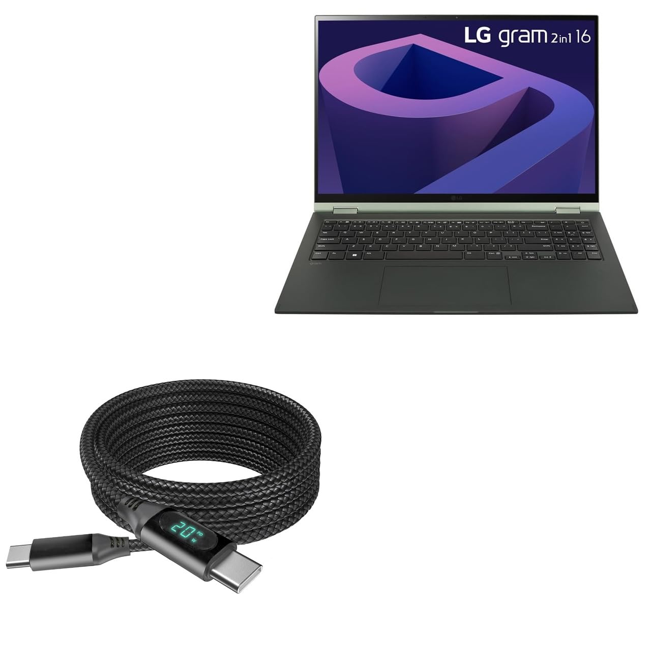 BoxWave Cable Compatible with LG Gram 16 2-in-1 (16T90Q) - PowerDisplay PD Cable (6ft) - USB-C to USB-C (100W), LED Wattage Info Extra Long Braided Nylon - Jet Black