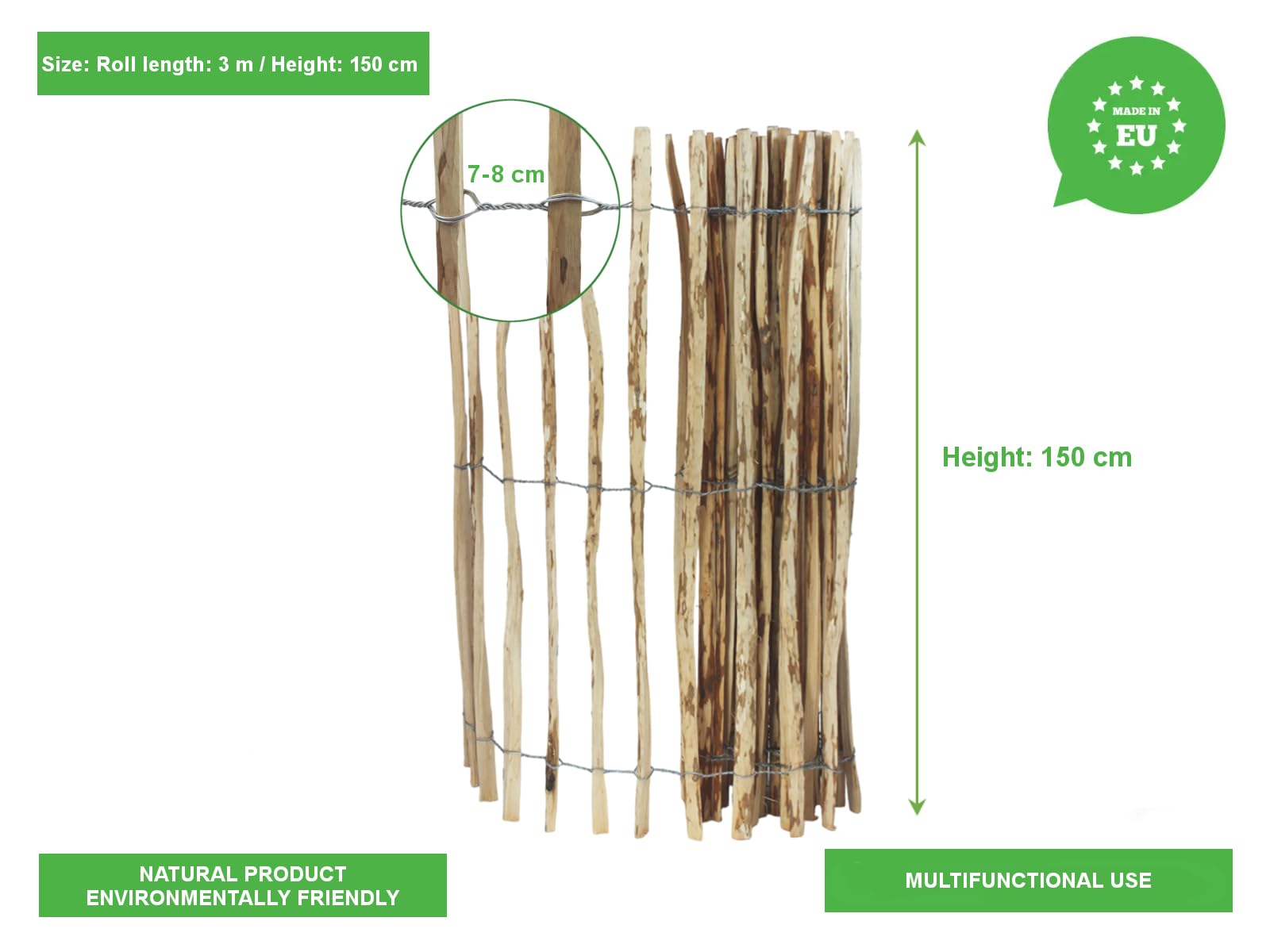Staketenzaun – Gartenzaun 150 cm Hoch – Einfriedung von Grundstücken, Weiden, Teichen – Stabilisierung von Kletterpflanzen – Zaun aus Haselnussholz mit Stahldraht – Farbe natur, Länge 300 cm, 7-8 cm