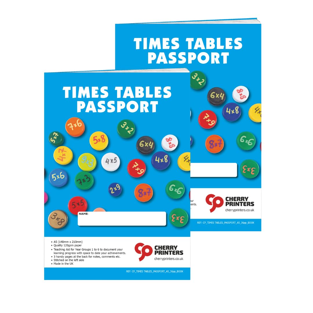 Cherry Printers | Times Tables Workbook A5 | KS1 KS2 Maths Practice Book | Multiplication Tables Learning Passport | 36pp Study Guide with Fractions | Prime Numbers | Measure Conversions **2 Pack**