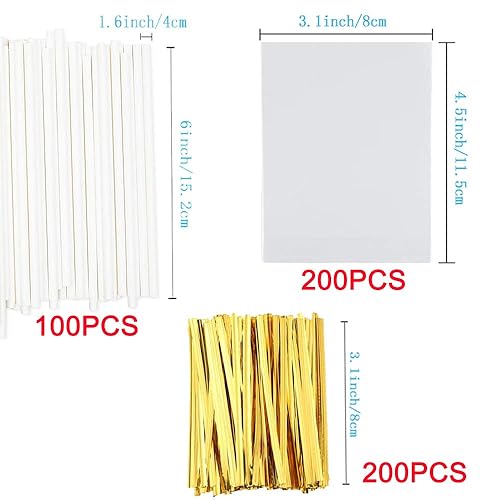 Miniatura 2 de Palitos de piruleta (6 pulgadas), juego de envoltorios de dulces y corbatas, 100 palitos de piruleta de papel (6 pulgadas), 200 bolsas para paletas
