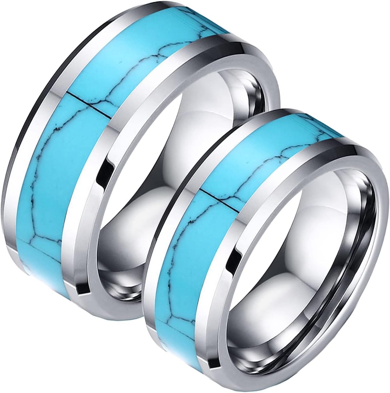 Promise Ring Matching, Tungsten Ring for Men 8mm Silver Ring Inlay Turquoise Wedding Gifts for Boyfriend
