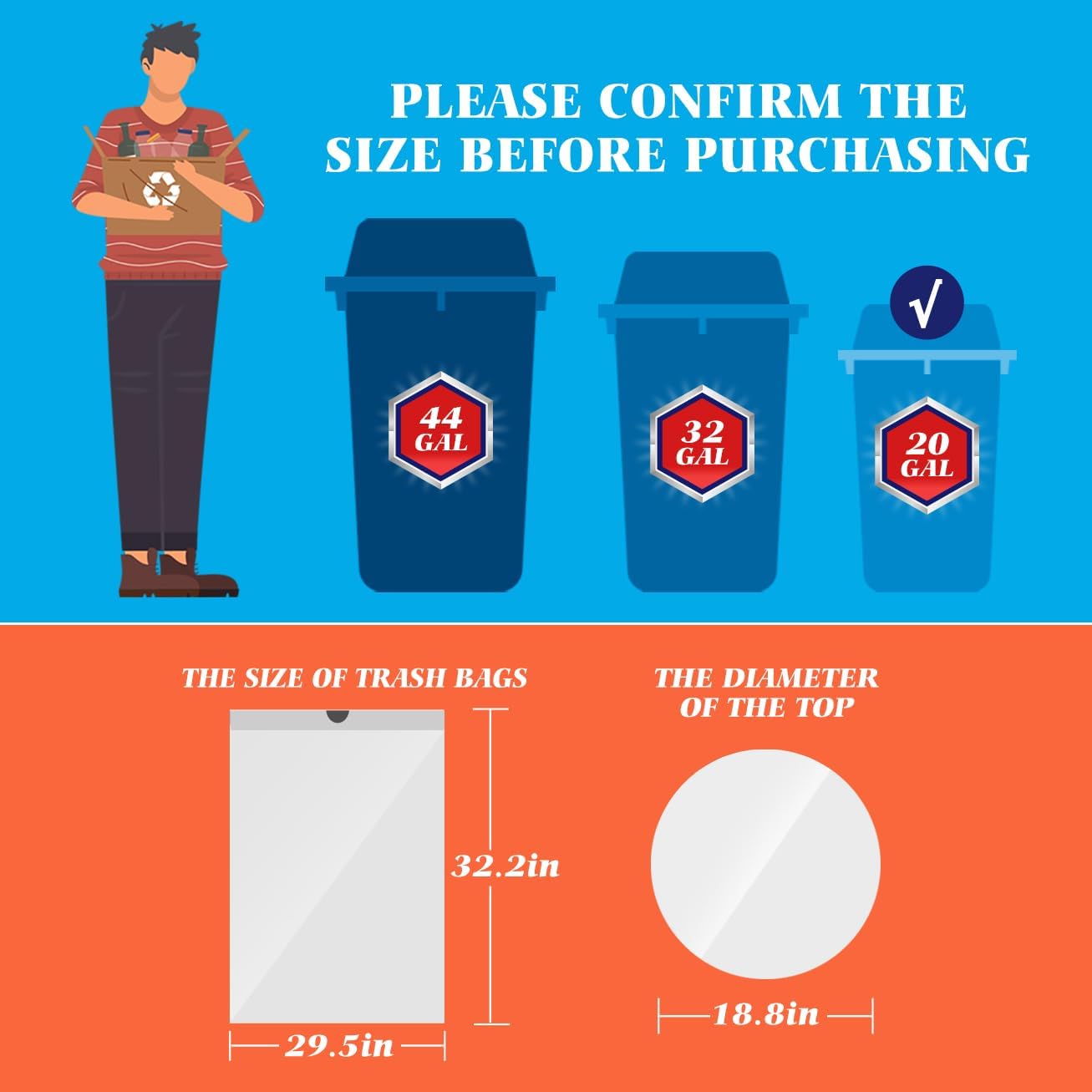 20 Gallon Large Drawstring Trash Bags 200 Counts, Fit 20-21 Gal Trash Can, Heavy Duty Tall Kitchen Garbage Liners, Large Trash Bags Size Chart for Home/Office, Outdoor Lawn & Leaf Bags, White