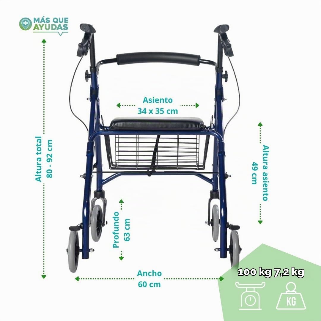 Queraltó Andador Rollator para Ancianos Plegable, Regulable en Altura de 78 a 93 cm, con Asiento y Respaldo, Azul