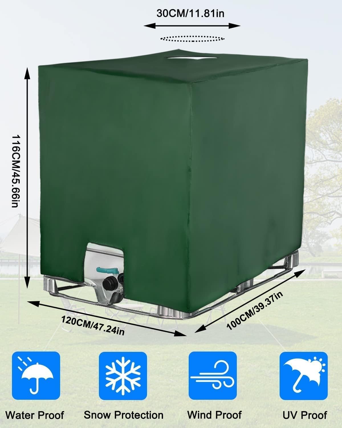 Bache pour Cuve IBC 1000L, Bache de Réservoir d'eau Couvercle, Anti-UV Anti-Poussière Bache de Housse Protection, Bouchon Cuve a Eau Bâche (116 x 100 x 120 cm, Vert)