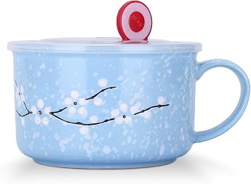 VanEnjoy 30oz Ceramic Bowl Set with Lid & Handle,Cherry Blossoms Among Snow Flake Pattern,Microwave for Instant Noodle Sara, Cereal Bowl (Blue)