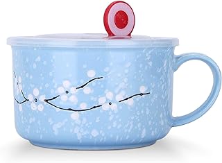 VanEnjoy 30oz Ceramic Bowl Set with Lid & Handle,Cherry Blossoms Among Snow Flake Pattern,Microwave for Instant Noodle Sara, Cereal Bowl (Blue)
