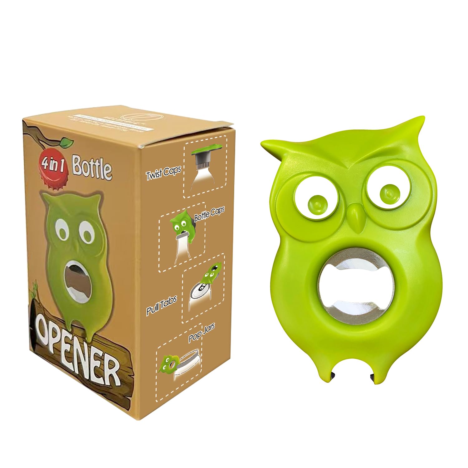Abrebotellas múltiple para tapas giratorias, 4 en 1, bonito y divertido abridor de botellas de agua de búho para niños, abrebotellas de cerveza, abrelatas de refrescos, abridor manual de tarros para