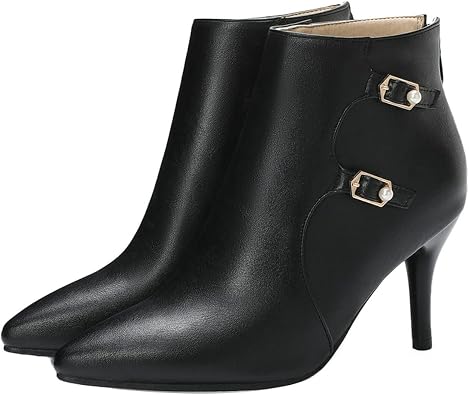 UniqueStride Womens Pointed Toe Buckle Stiletto Heels Ankle Boots High Thin Heels Back Zipper Booties