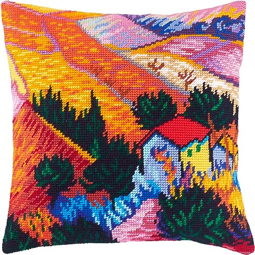 Image of Brvsk Landscape with a House and an Employee by Vincent Van Gogh. Stamped Cross-Stitch Kit. Throw Pillow 16x16 Inches. Printed Tapestry Canvas, European Quality