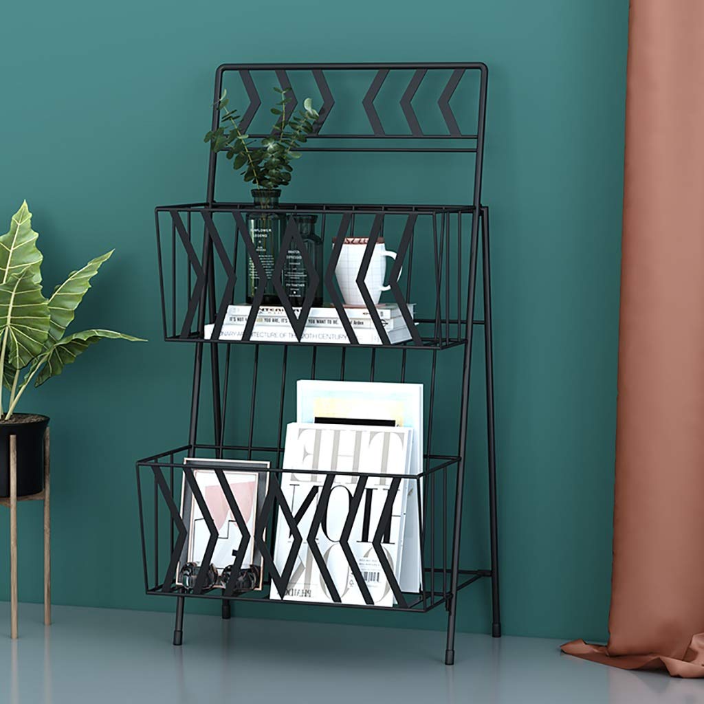 GWXJZ CD DVD Racks Magazine Rack Iron Art Floor-Standing Nordic Bookshelf Children's Picture Book Stand Promotion Display Stand Newspaper Rack (Color : Black)