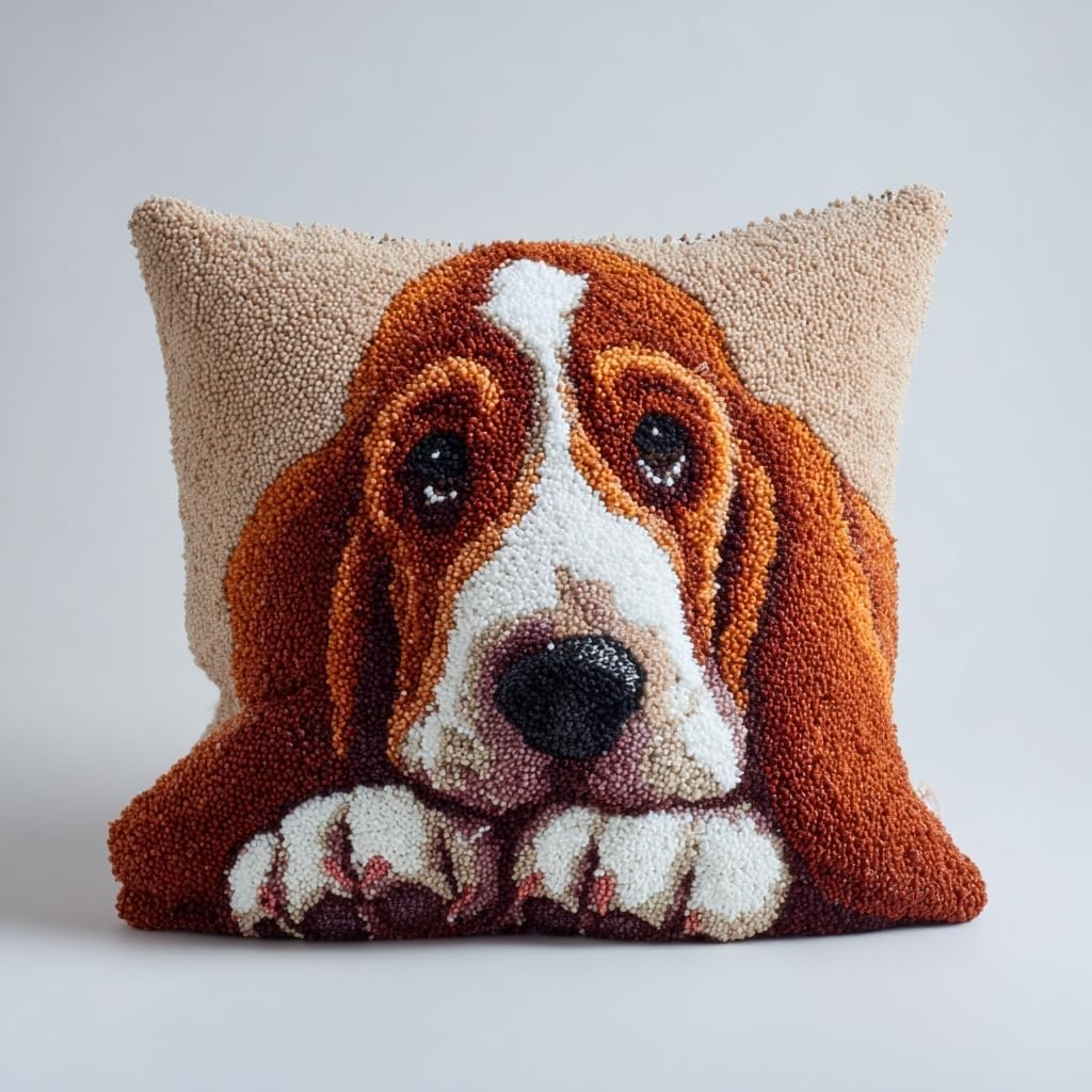 DIY Latch Hook Pillow Kit Cartoon Cute Basset Hound Dog Portrait Easy for Beginners Color-Stamped Canvas Cushion 43x43cm Sofa Bedroom Decor Craft-1