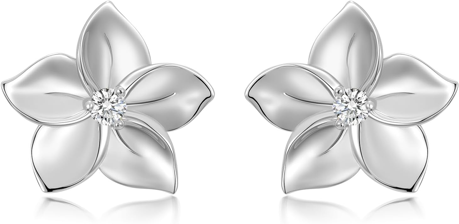 Diamond Plumeria Stud Earrings for Women 925 Sterling Silver Hawaiian Plumeria Flower Earrings Studs with 0.06ct Lab Grown Diamonds Dainty Birthday Holiday Beach Jewelry Gifts