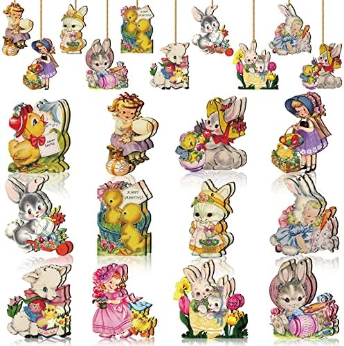 24 Pcs Easter Hanging Ornaments for Tree Vintage Easter Wooden Ornament Retro Spring Wooden Slices Ornaments Elf Wooden Decorations with Rope for Easter Party