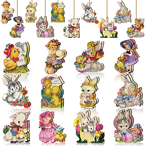 24 Pcs Easter Hanging Ornaments For Tree Vintage Easter Wooden Ornament Retro Spring Wooden Slices Ornaments Elf Wooden Decorations With Rope For Easter Party #TOP13