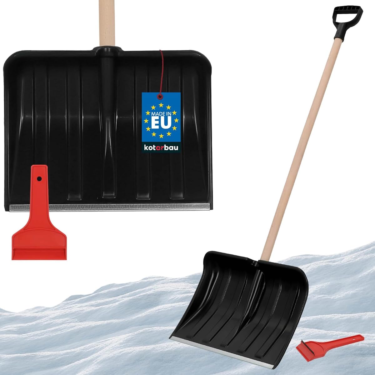 KOTARBAU® Set Schneeschaufel für Auto 40 cm mit Holzstiel 131 cm + Eiskratzer Auto Set Schneeschieber für Auto zur Schneeräumung Scheibenkratzer Auto mit Gummilippe Snow Shovel Car