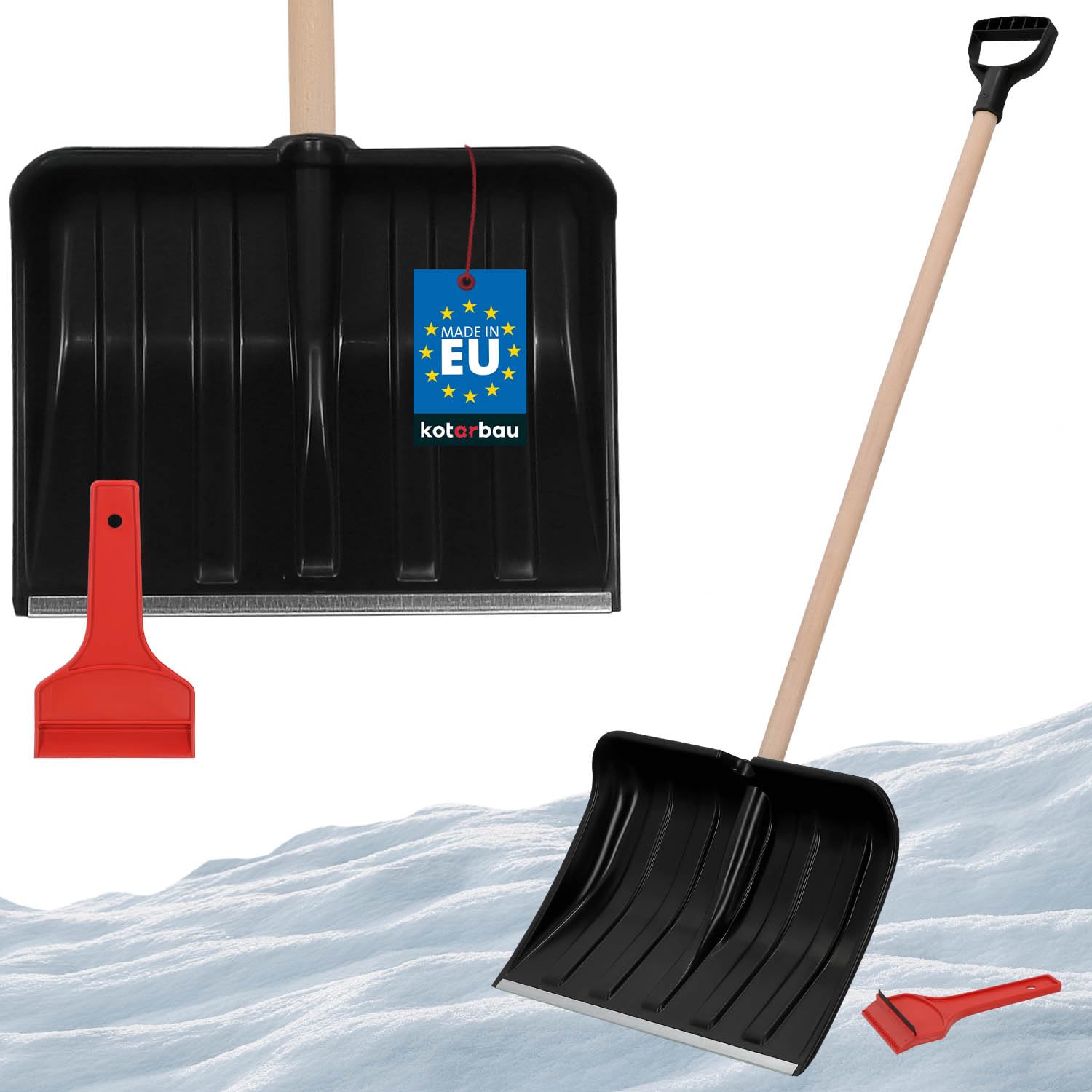 KOTARBAU® Juego de pala de nieve para coche de 40 cm con mango de madera de 131 cm + raspador de hielo para coche, para quitar la nieve, rascador de parabrisas de coche, con borde de goma