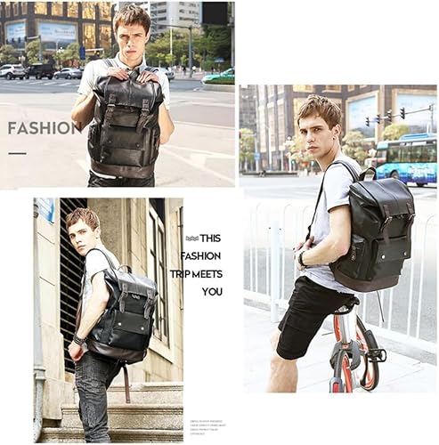 Miniatura 7 de CHAO RAN Mochila vintage de cuero para computadora portátil para hombres, mochila de cuero negro para hombres.., Negro -, Colegio Viajes Backapck