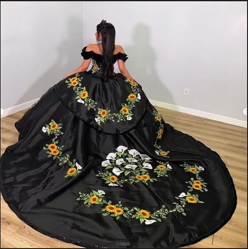 Ball Gowns Off Shoulder Mexican Dresses Embroidered Morning Glory Sunflowers Charro Quinceanera Dress 20252
