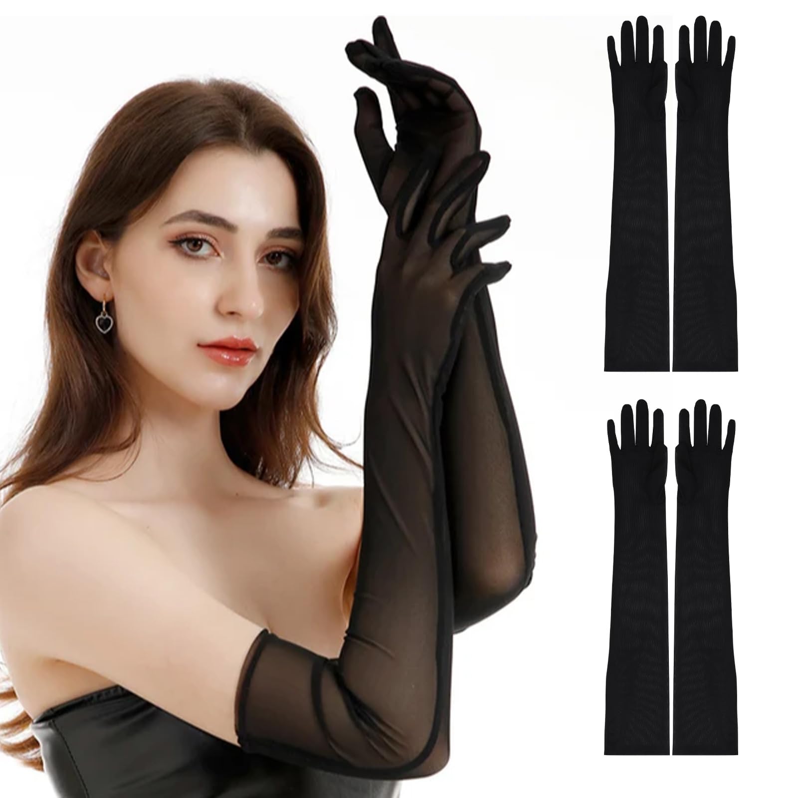 Fjquamitix Women's Black 2 Pairs Long Mesh Gloves For Elegant Lace Tulle Sheer Gloves Hand Sleeves For Evening Party Tea Party Opera Dance Bridal Formal