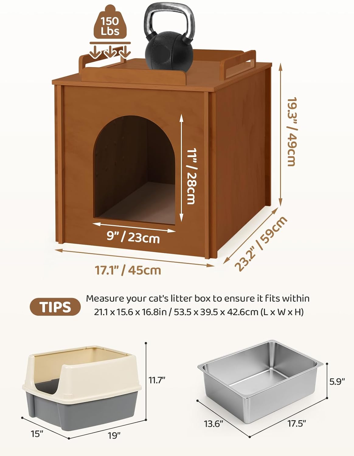 Wooden Cat Litter Box Enclosure, Hidden Litter Box Furniture with Litter Mat, Multi-Functional Cat House, for Living Room Bedroom Indoor, 23.2 x 17.7 x 19.3 inches, Walnut