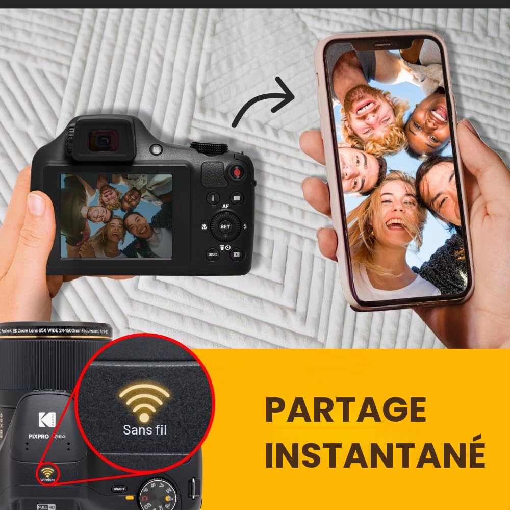 Kodak PIXPRO AZ653 BK Appareil Photo Bridge 20MP CMOS – Zoom Optique 65x, Écran 3.0" LCD, EVF, WiFi, Vidéo 1080p FHD, Stabilisation OIS, Batterie Li-ION, HDMI, USB-C, SDXC