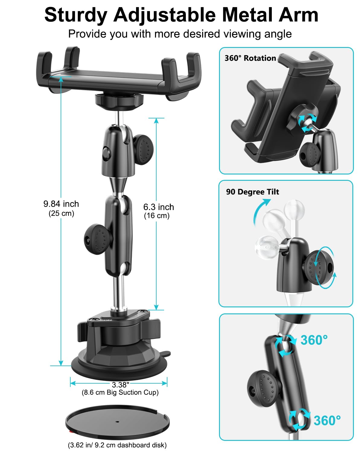 Soporte Tablet Ventosa Fuerte [Brazo Aluminio Robusto] Soporte Tablet Coche Salpicadero Parabrisas Rotación de 360° para iPad 10,9 iPad 12.9 Air Mini, Galaxy Tab, iPhone, 4-13" Tableta
