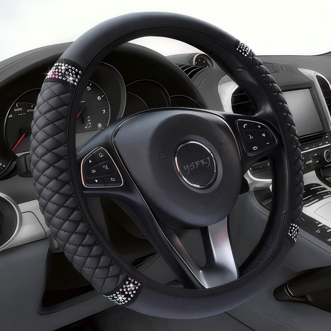 Soft Leather Car Steering Wheel Cover, Universal 15 Inch Colorful Rhinestones Anti-Slip Elastic Steering Wheel Covers for Most Cars, Sparkly Crystal Diamond for Women Girls (Black)