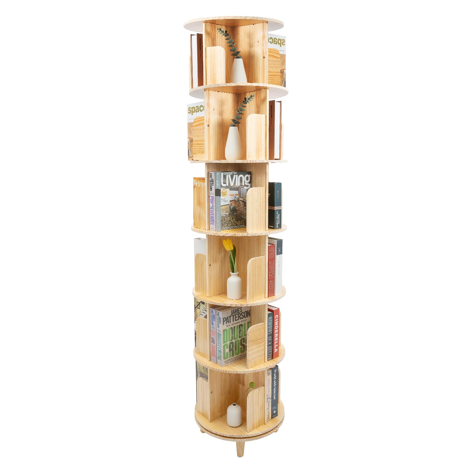 Estantería giratoria de 6 niveles, 360 grados, ajustable con mantel y 4 pies, estantería giratoria de madera de pino para libros, manualidades y coleccionables