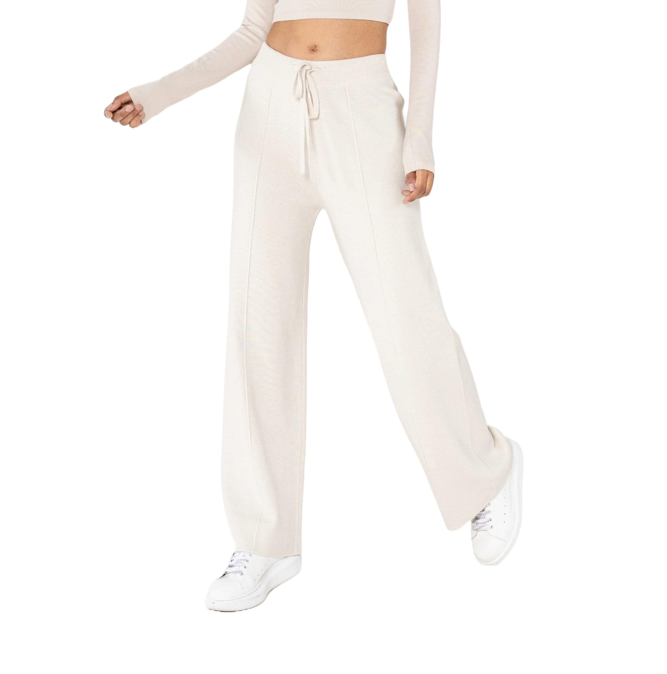 Nina Carter F025 Damen Strickhose – Gestrickte Freizeithosen Bequeme Hose mit Ausgestellter Beinform Elastischem Bund Verstellbarem Kordelzug