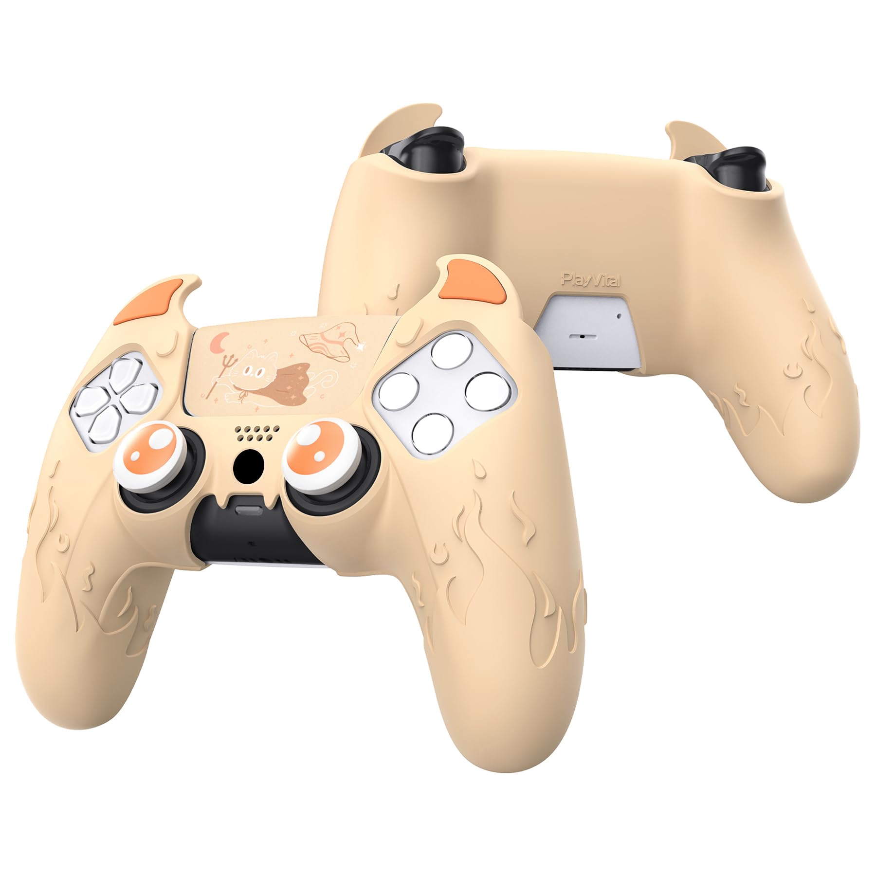PlayVital Halloween Cute Demon Controller Silicone Case for ps5, Kawaii Controller Cover Gamepad Skin Protector for ps5 with Touch Pad Sticker &amp; Thumb Grip Caps - Orange