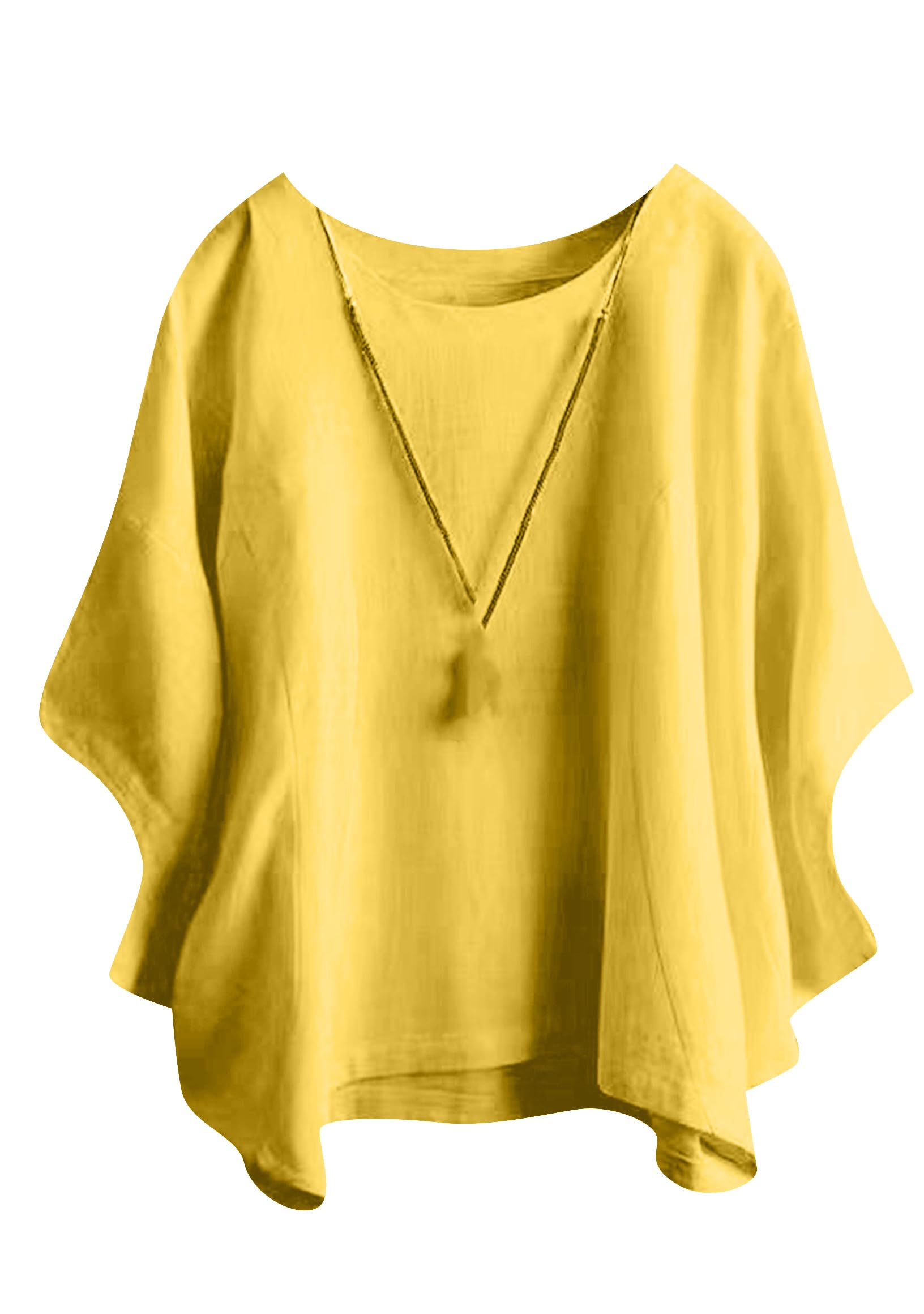 GORIFE Women's Casual Crew Neck Batwing 3/4 Short Sleeve Loose Tunic Pullover Summer Solid Color Cotton Linen T-shirt Tunic