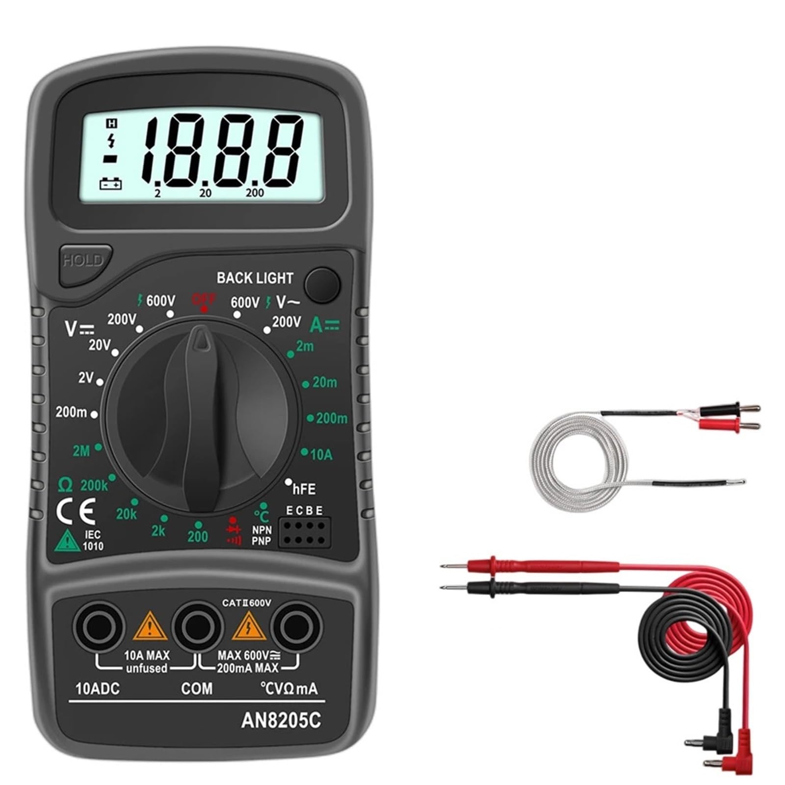 AN8205C Digital Multimeter AC/DC Ammeter Volt Ohm Tester Meter Multimetro With Thermocouple Backlight Portable(AN8205C Black)