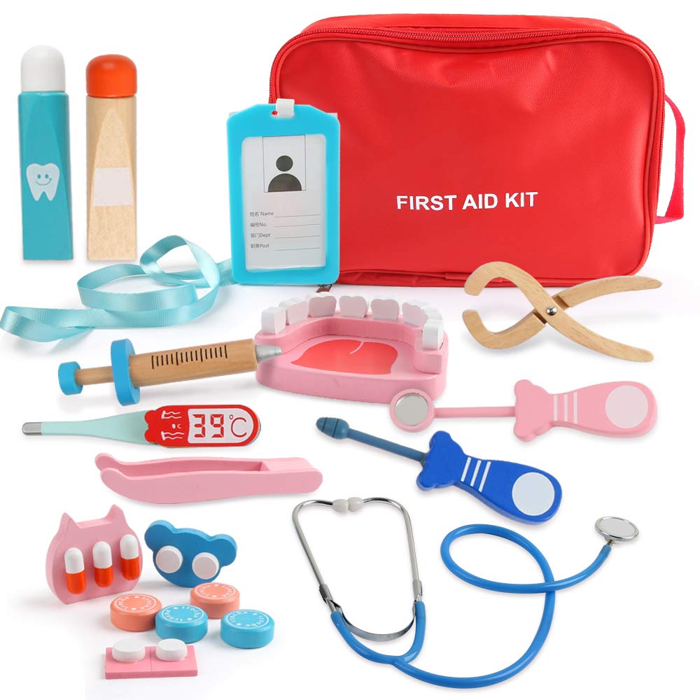 Beebeerun Kids Role Play Doctor Kit Toys,Pretend Play Wooden Doctor Set for 3 4 5 6 7 8 Kids Girls Boys,19 PCS with a Medical Carry Bag,Stethoscope and Other Equipment