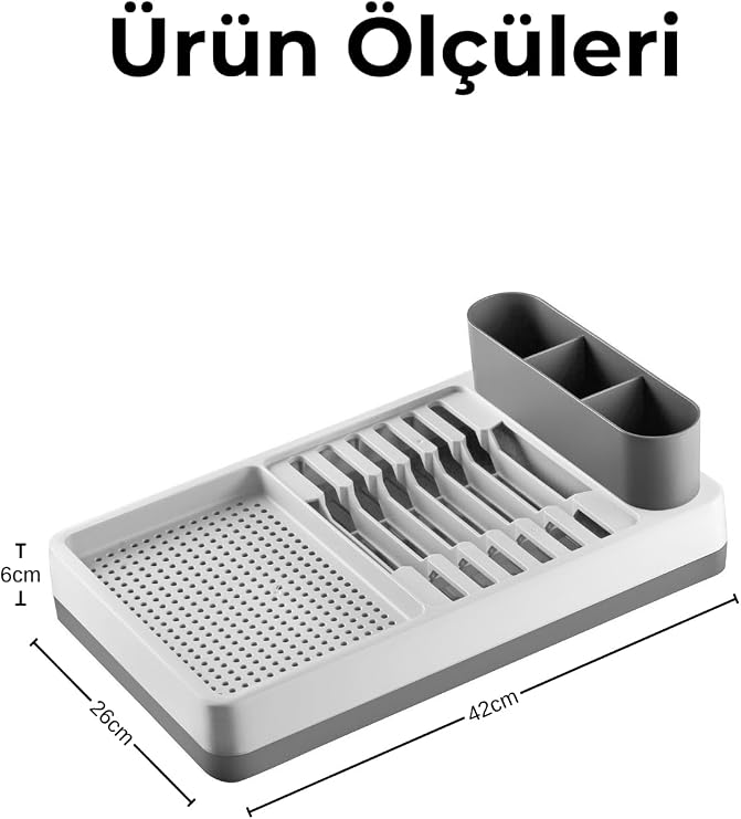Pratik Tezgah Üstü Bulaşıklık Tabaklık Kurutmalık - Dayanıklı Plastik Çok Bölmeli Mutfak Düzenleyici Organizer, Kaşıklıklı Geniş Bölmeli Bulaşık Kurutma Rafı, 42x26x6 cm (GRİ)