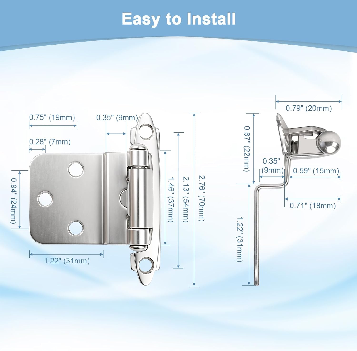 KNOBWELL 50 Pack (25 Pairs) 3/8" Overlay Self Closing Cabinet Hinges, Face Frame 180 Degree Hinge, Cabinet Door Hinges Easy Flush Face Mount, Inset Cabinet Hinges with Quiet Bumpers for Kitchen