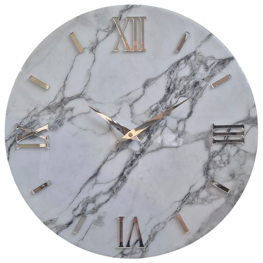 MAZZOLA LUCE Orologio moderno per parete rotondo 100% Made in Italy legno effetto marmo bianco 60cm