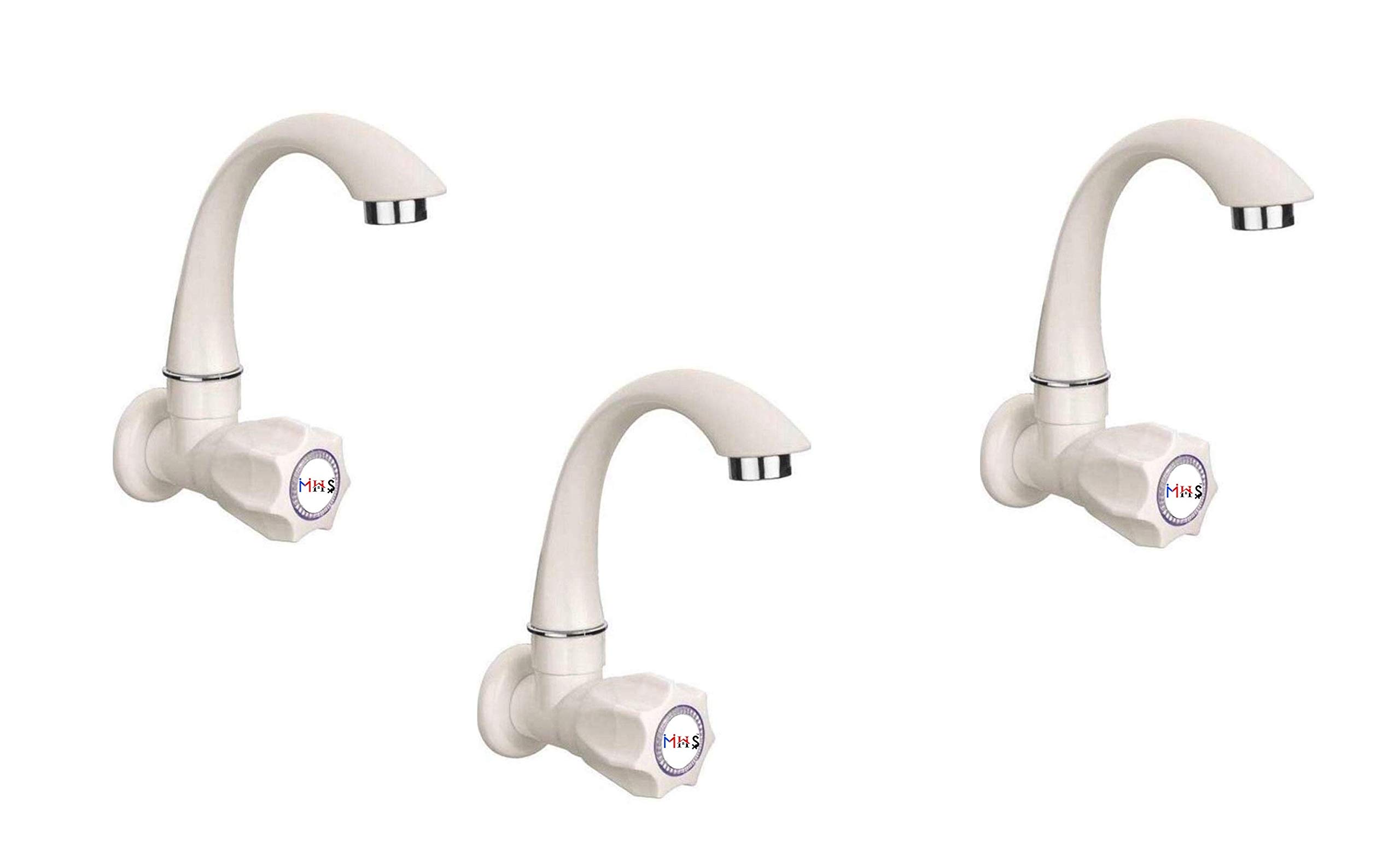 MHS Plastic PVC Swan Neck Sink Cock Tap Wall Mounted Having Foam Flow with Wall Flange Quarter Turn Operated Ceramic Cartridge Inside 15 mm Inlet (3) white