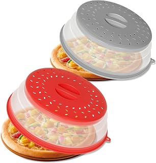 CasaCulina 2-Pack Collapsible Microwave Splatter Cover - Vented Lid with Hook, Multi-Use Colander for Plates Bowls (Grey & Red)