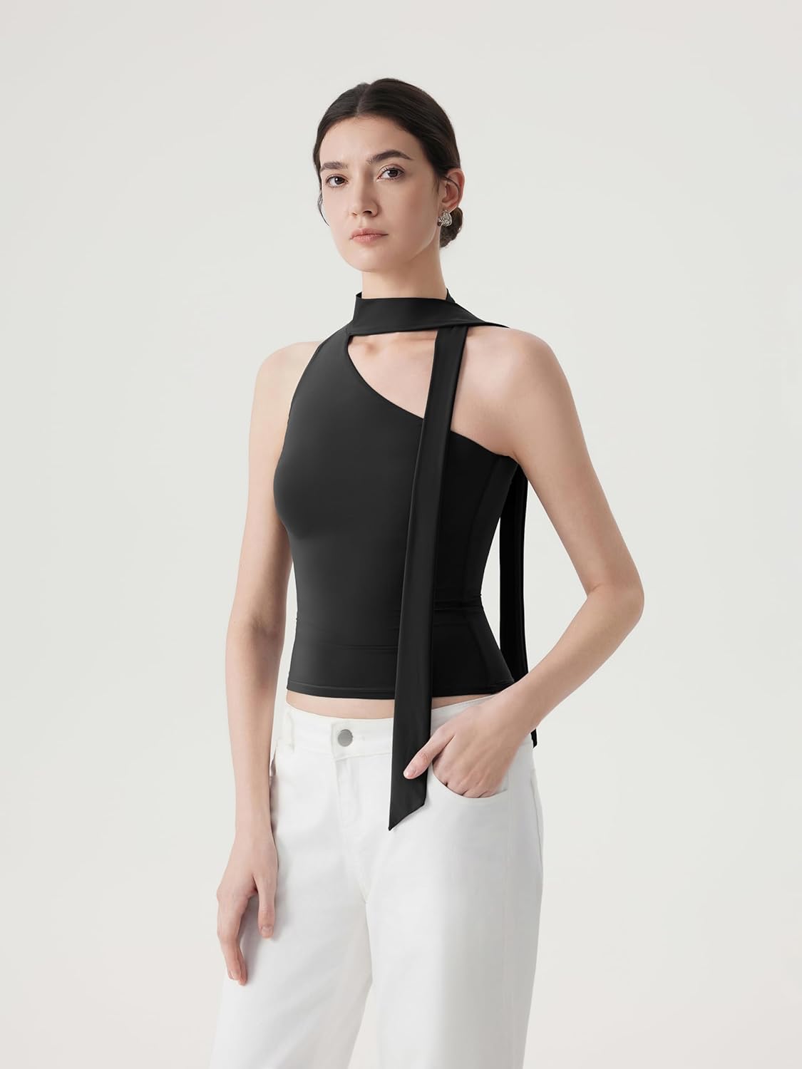 SUUKSESS Women Halter High Neck Tank Tops Off Shoulder Double Lined Going Out Shirts with Scarf - Image 4