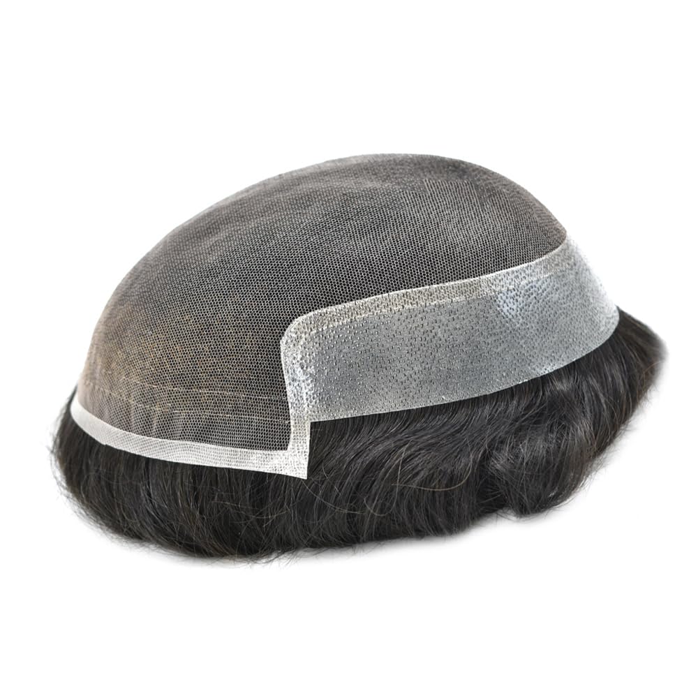 Lace Poly Skin Toupee for Men Real Human Hair Replacement System Natural Lace Front Mens Toupee Hairpieces Hair Systems Protesis Capilar #1B Off Black 7X9 100% Density