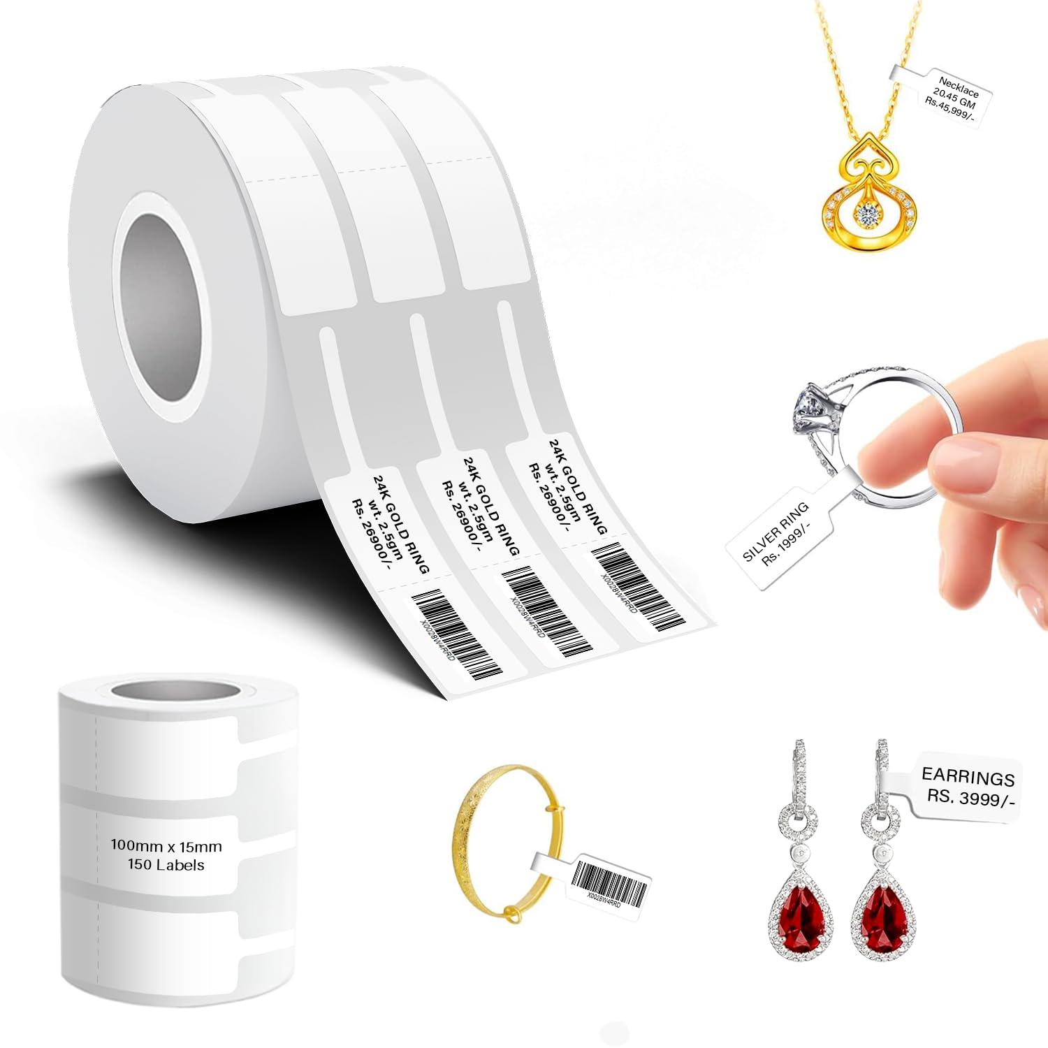 Seznik Jewellery Thermal Labels – 14.3mm x 100mm, Waterproof, Non Tearable, Direct Thermal, 150 Labels (1 Roll), for 2 to 4 Inch Printers, White, for Jewellery Tagging