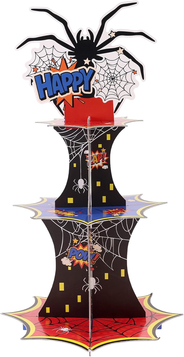 3-Tier Spider Cupcake Stand, Hero Themed Cupcake Holder with Spider Web Happy Birthday Topper Dessert Display Tree Tower for Kids Boys Halloween Birthday Party Decorations Supplies