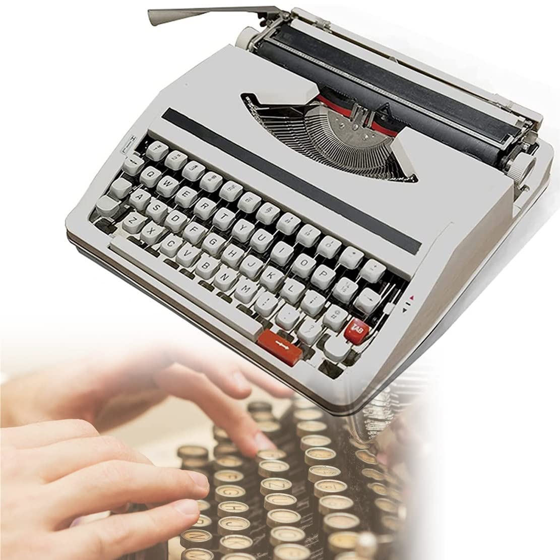 Kreatywna maszyna do pisania w stylu vintage, przenośna retro mechaniczna, staromodna w zestawie podwójna szpula czarna czerwona wstążka, z etui, czarna