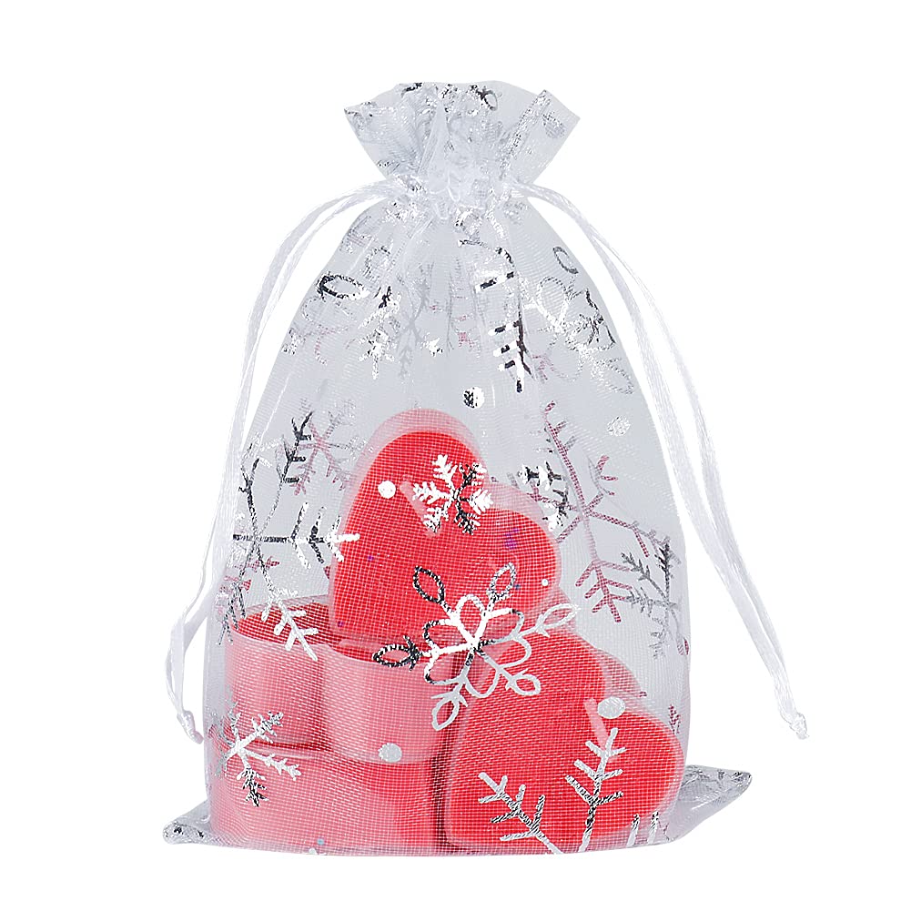 Organza-Beutel Mit Schneeflocken, 10x15 Cm, 100 Stück – Weiß, Mit Zugband, Für Geschenke & Schmuck